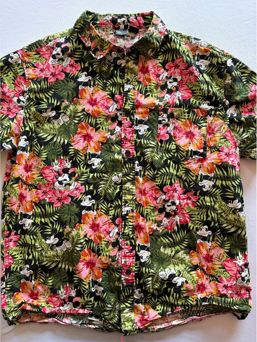 Disney Mickey Mouse Womenโs Large Tropical Hawaiian Floral Button-Up Shirt